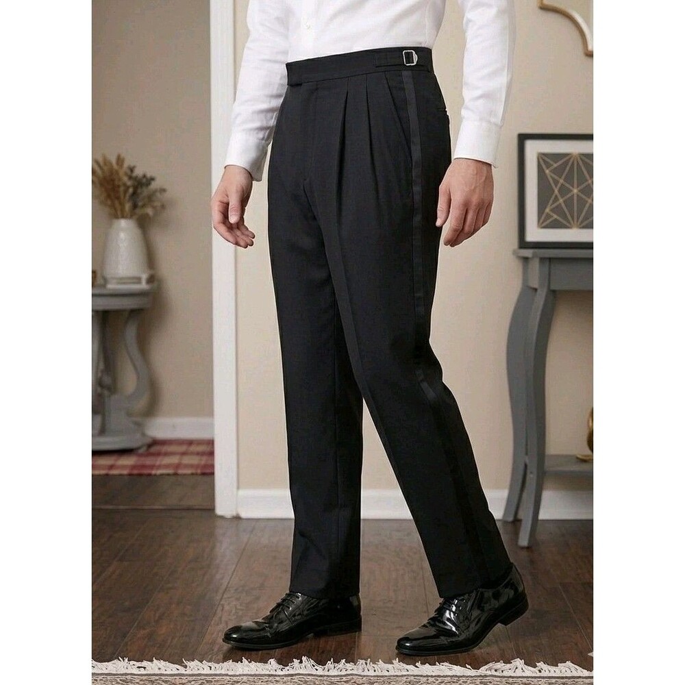 Mens 100% Worsted Wool Tuxedo Pants Euro Triple Pleat Adjustable Waist 31R Black